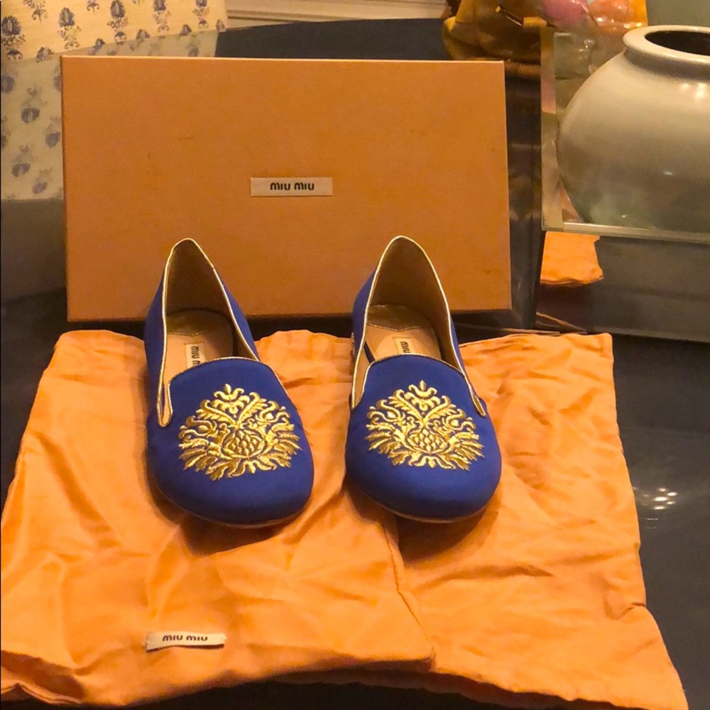 Miu Miu royal blue and gold flats